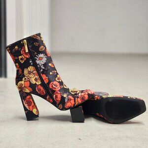 Floral Block Heel Ankle Boots With Gold Buckle Detail & Side Zipper Closure